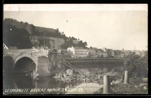 Foto-AK Namur, Gesprengte Brücke, 24. August 1914