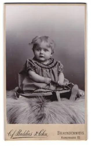 Fotografie C.F. Beddies & Sohn, Braunschweig, Kuhstrasse 10, Kleinkind im karierten Kleid