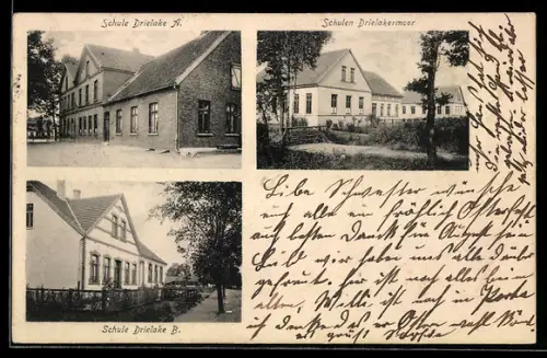 AK Drielake, Schule, Wohnhäuser und Partie am Drielakermoor