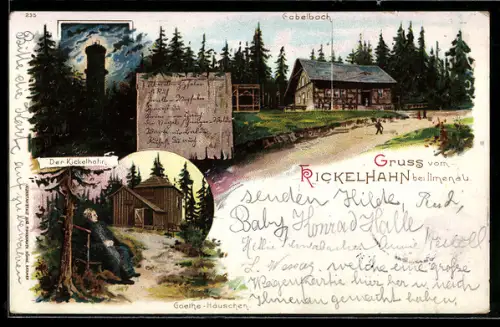 Lithographie Ilmenau, Gasthaus Kickelhahn, Goethe-Häuschen, Gabelbach