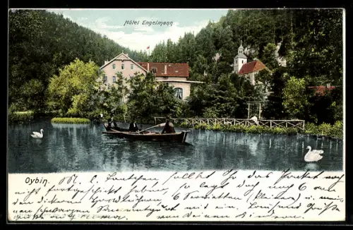 AK Oybin, Hotel Engelmann, See mit Ruderbooten
