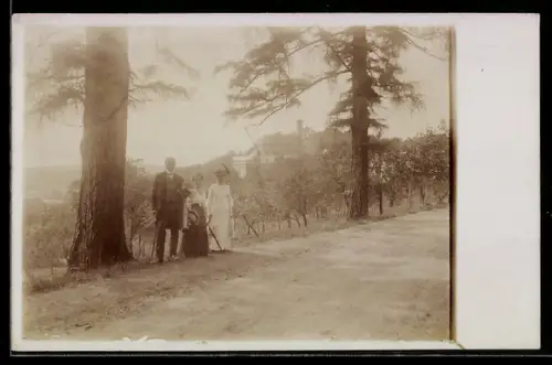Foto-AK Zwickau, Landweg mit drei Personen