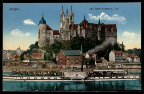 AK Meissen, Kgl. Albrechtsburg u. Dom, Raddampfer MS Dresden