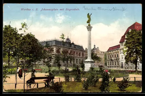 AK Werdau i. S., Johannisplatz mit Siegessäule