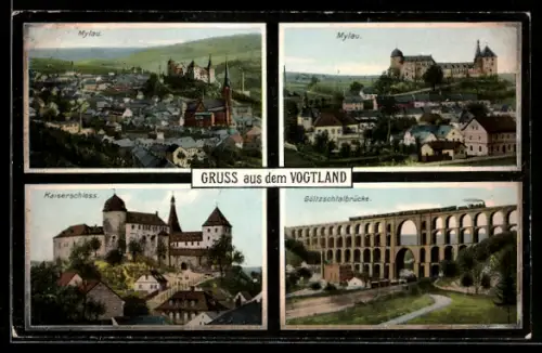 AK Mylau /Vogtland, Ortsansichten, Kaiserschloss, Göltzschtalbrücke