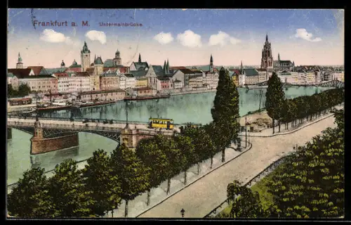 AK Frankfurt a. M., Untermainbrücke, Strassenbahn, Mainufer