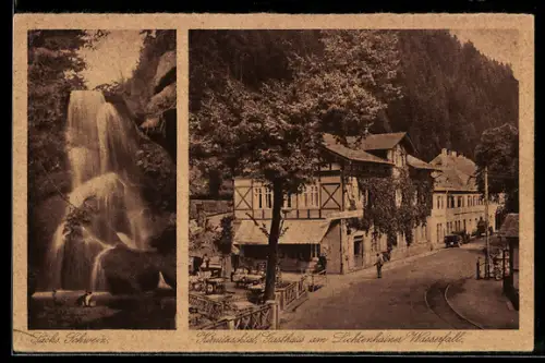 AK Lichtenhain /Sächsische Schweiz, Gasthaus am Lichtenhainer Wasserfall, Wasserfall