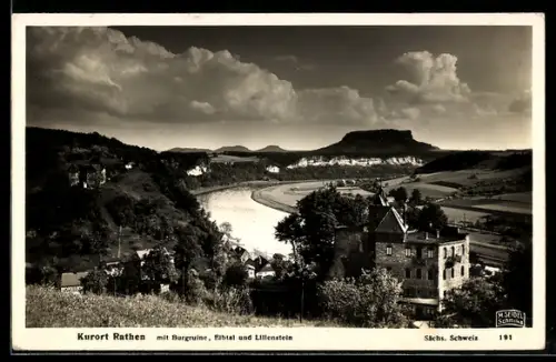 AK Rathen, Ortsansicht m. Burgruine, Elbtal, Lilienstein