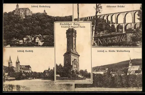 AK Rochlitz, Friedrich-August-Turm, Schloss Rochlitz, Schloss und Kirche Wechselburg