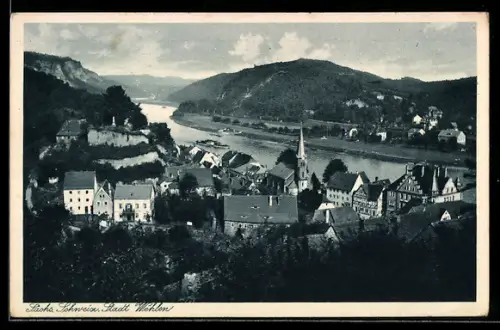 AK Wehlen /Sächs. Schweiz, Ortsansicht, Elbe, Kirche
