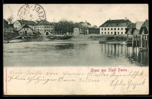 AK Stadl Paura, Ortsansicht am Ufer mit Bootshäusern