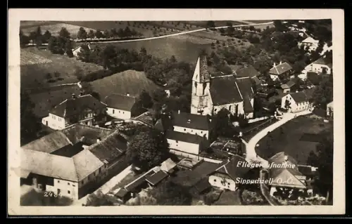 AK Sippachzell /O.-Ö., Fliegeraufnahme mit Kirche