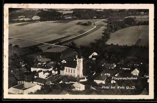 AK Pichl bei Wels, Fliegeraufnahme mit Kirche