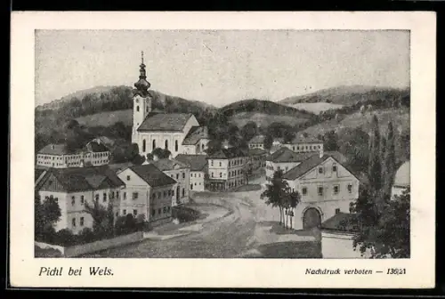 Künstler-AK Pichl bei Wels, Ortsansicht mit Kirche und Häusern