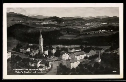 AK Freinberg /O. Ö., Huber`s Gasthof und Handlung, Ortspartie mit Kirche