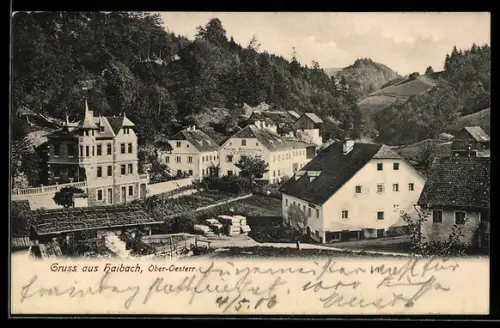 AK Haibach /Ober-Oesterr., Ortsansicht mit Gaststätte und bewaldeten Hügeln