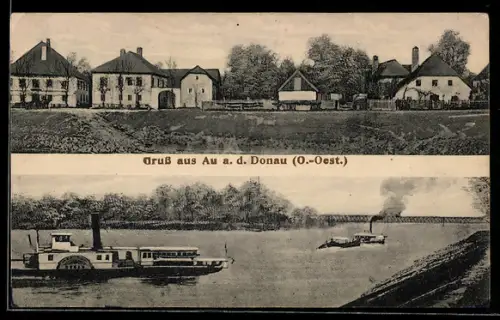 AK Au a. d. Donau, Ortsansicht und Donaupartie mit Dampfschiff