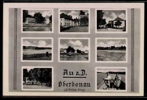 AK Au a. D., Uferpartie, Ruderboot, Gasthaus und Kirche