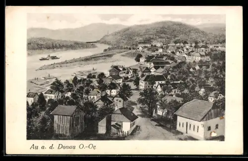 Künstler-AK Au a. d. Donau, Panorama mit Donau und Dampfer