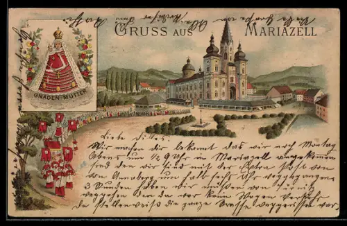 Lithographie Mariazell, Basilika mit Prozession, Gnadenmutter