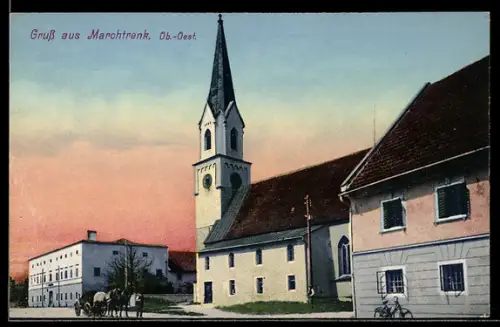 AK Marchtrenk /Ob. Öst., Kirche mit Nachbargebäuden, Panorama