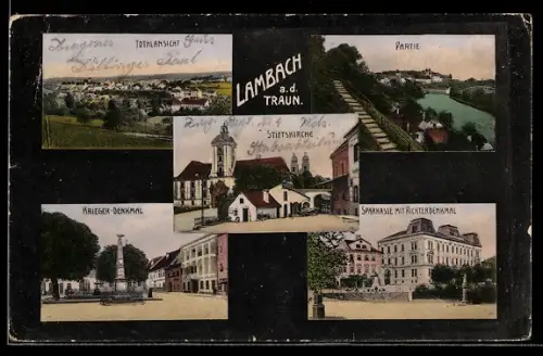 AK Lambach a.d. Traun, Kriegerdenkmal, Stiftskirche, Totalansicht, Sparkasse mit Richterdenkmal