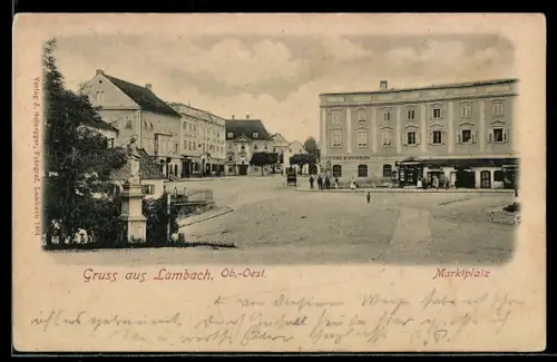 AK Lambach /Ob. Öst., Marktplatz mit Säulendenkmal u. Gast- u. Caféhaus
