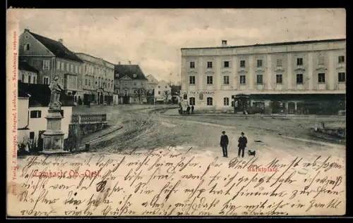 AK Lambach /Ob. Öst., Marktplatz mit Säulendenkmal, Gast- u. Caféhaus