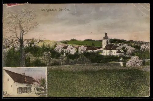 AK Krenglbach /Ob.-Ost., Auers Handlung, Ortspanorama mit Kirche