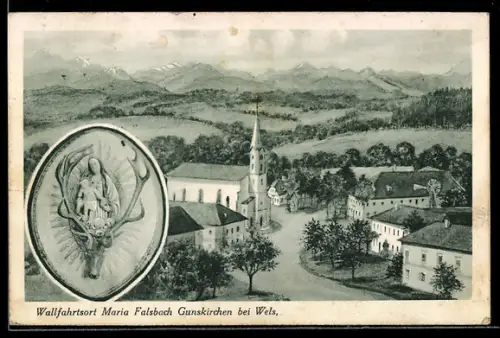 Künstler-AK Gunskirchen bei Wels, Wallfahrtsort Maria Falsbach, Madonna, Kind u. Hirsch