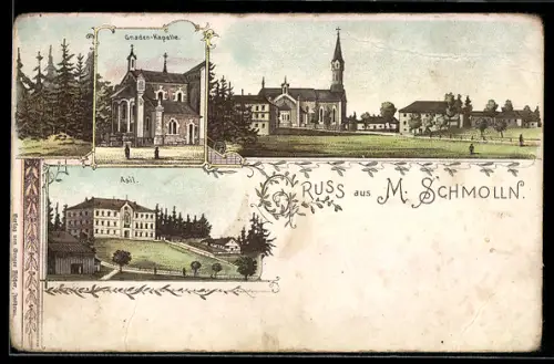 Lithographie Maria Schmolln, Ortspanorama, Gnaden-Kapelle und Asyl