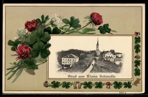 Lithographie Maria Schmolln, Ortsansicht mit Kirche und Strasse, Blühender Klee, Glücksbringer