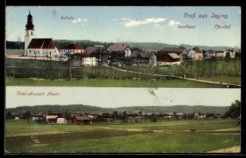 AK Jeging, Ortsansicht mit Schule, Gasthaus und Pfarrhof, Totalansicht Abern