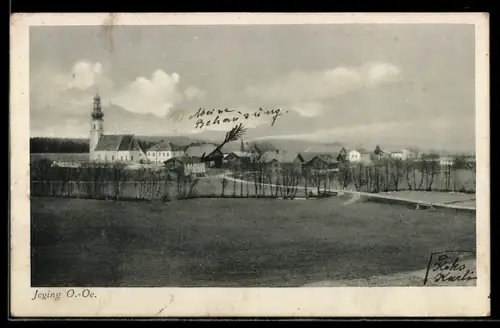 AK Jeging /O.-Oe., Ortspanorama mit Kirche u. Landstrasse