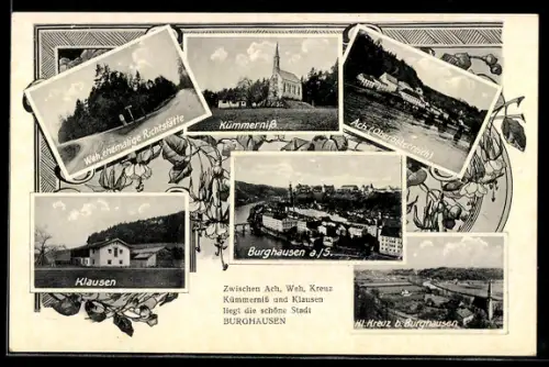 AK Burghausen a. S., Mehrbild mit Richtstätte Weh, Klausen, Ortsansicht