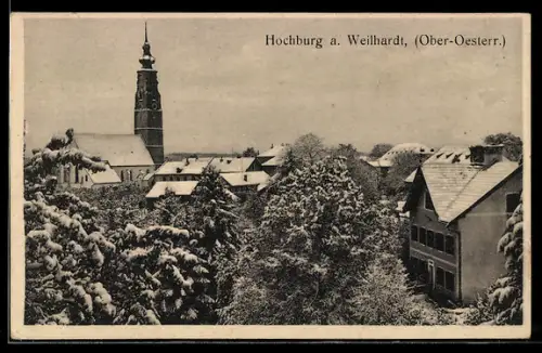 AK Hochburg a. Weilhardt, Ortspanorama mit Kirche und verschneiten Häusern