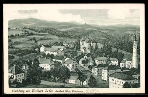 AK Hochburg am Weilhart, Gesamtansicht mit Kirche u. Landschaft aus der Vogelschau