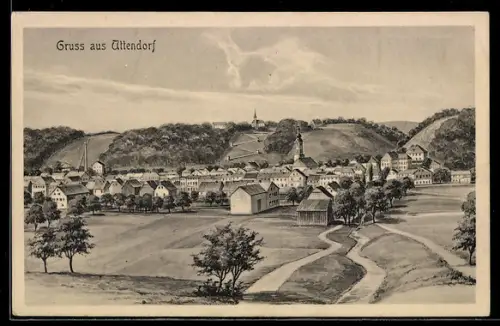 Künstler-AK Helpfau-Uttendorf, Uttendorf, Panorama mit Ort und Kirchen