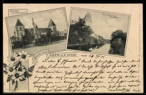AK Orth a. d. Donau, Schloss mit Mariensäule, Schloss mit Fadenbach, Rahmen, Blumen