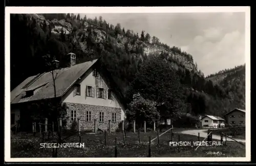 AK Lunz am See, Stiegengraben, Pension Waldesruh, Haus vor Felswand mit Strasse