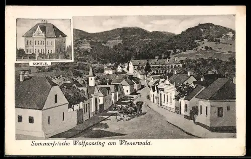 Künstler-AK Wolfpassing am Wienerwald, Ortsstrasse mit Kirche, Schule