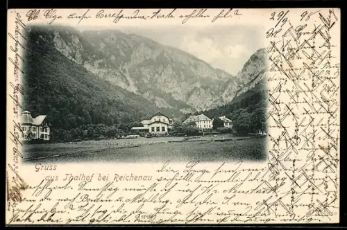 AK Reichenau an der Rax, Thalhof bei Reichenau, Ortspanorama und Bergkulisse