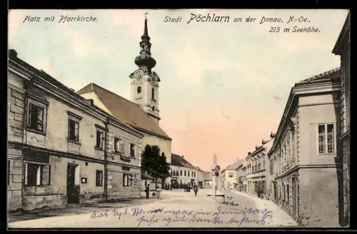 AK Pöchlarn an der Donau, Platz mit Säulendenkmal u. Pfarrkirche