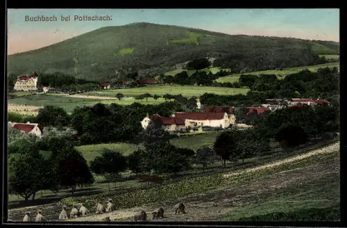 AK Buchbach bei Pottschach, Panorama mit Ort, Kirche und Garben