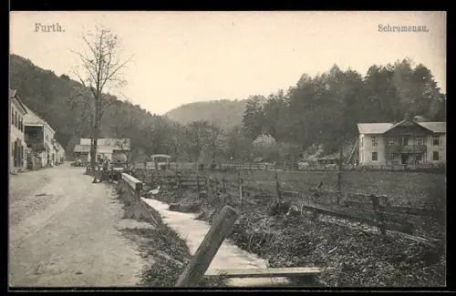AK Furth an der Triesting, Schromenau, Strasse mit Bach und Häusern