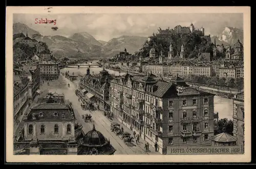 Künstler-AK Salzburg, Panorama mit Salzach, Festung und Hotel Österreichischer Hof