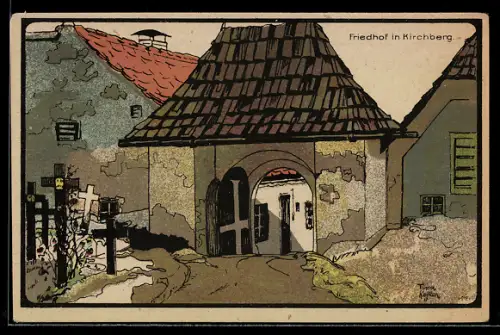 Künstler-AK Kirchberg, Friedhof, Torduchgang