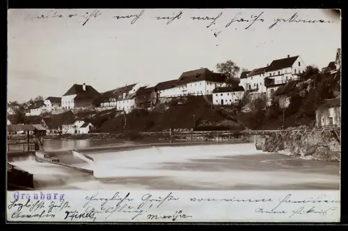 AK Grünburg, Uferansicht mit Brücke und Wehr