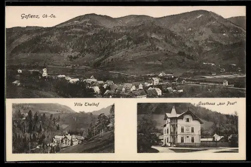 AK Gaflenz /Ob. Öst., Gasthaus zur Post, Villa Thalhof, Ortspanorama mit Bergen