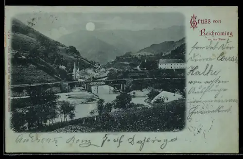 Mondschein-AK Reichraming an der Enns, Panorama mit Brücke und Ortschaft
